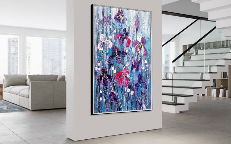 Fleurs abstraites, peintures sur toile, peinture contemporaine faite main, art floral texturé, art coloré, peinture créative, beaux-arts, 50 x 34 po. image 7