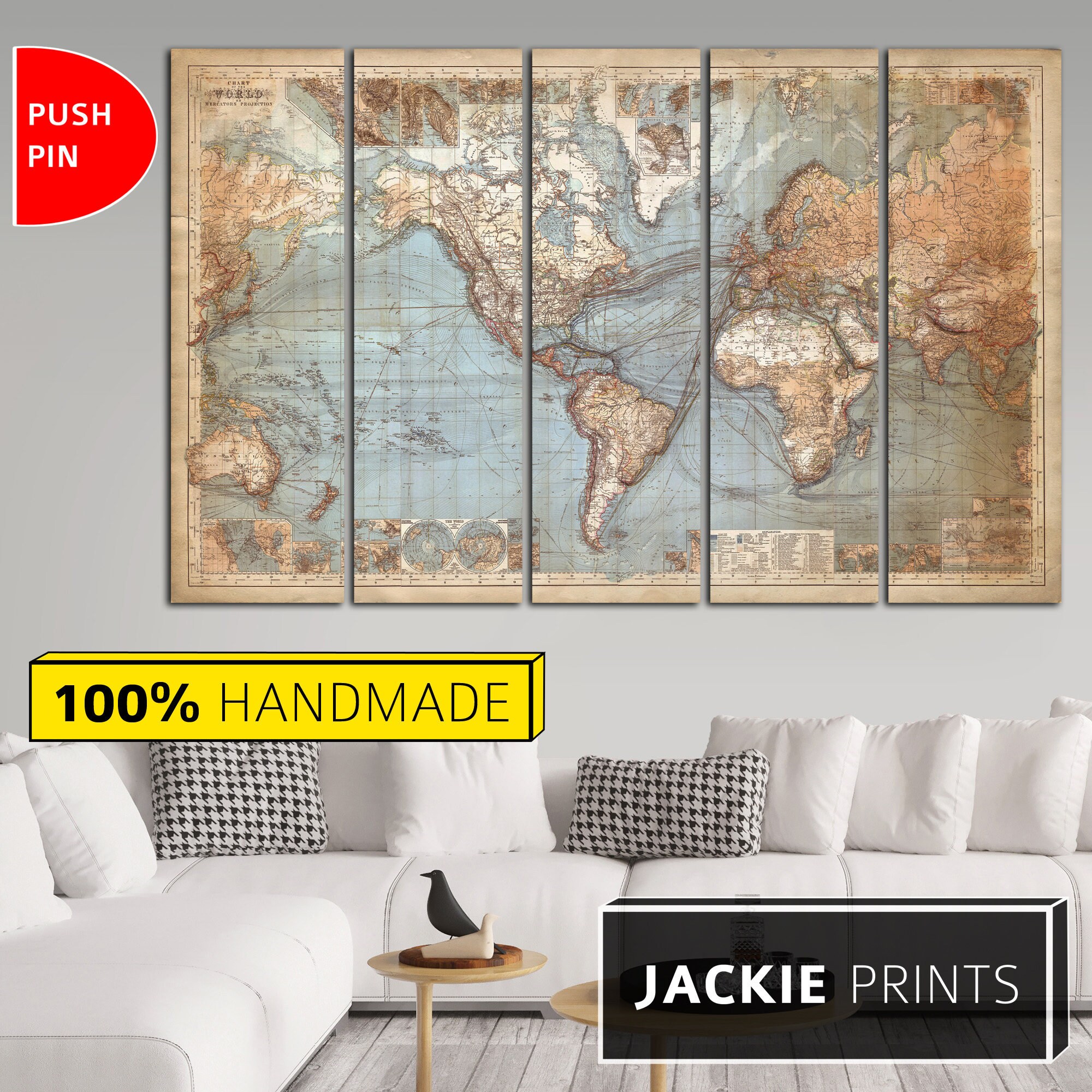 Vintage World Map Canvas Wall Art Antique Style World Map Etsy