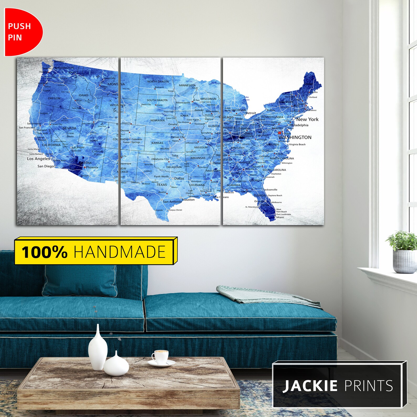 Blue Map Wall US Map United States Map Blue Color Map Map - Etsy