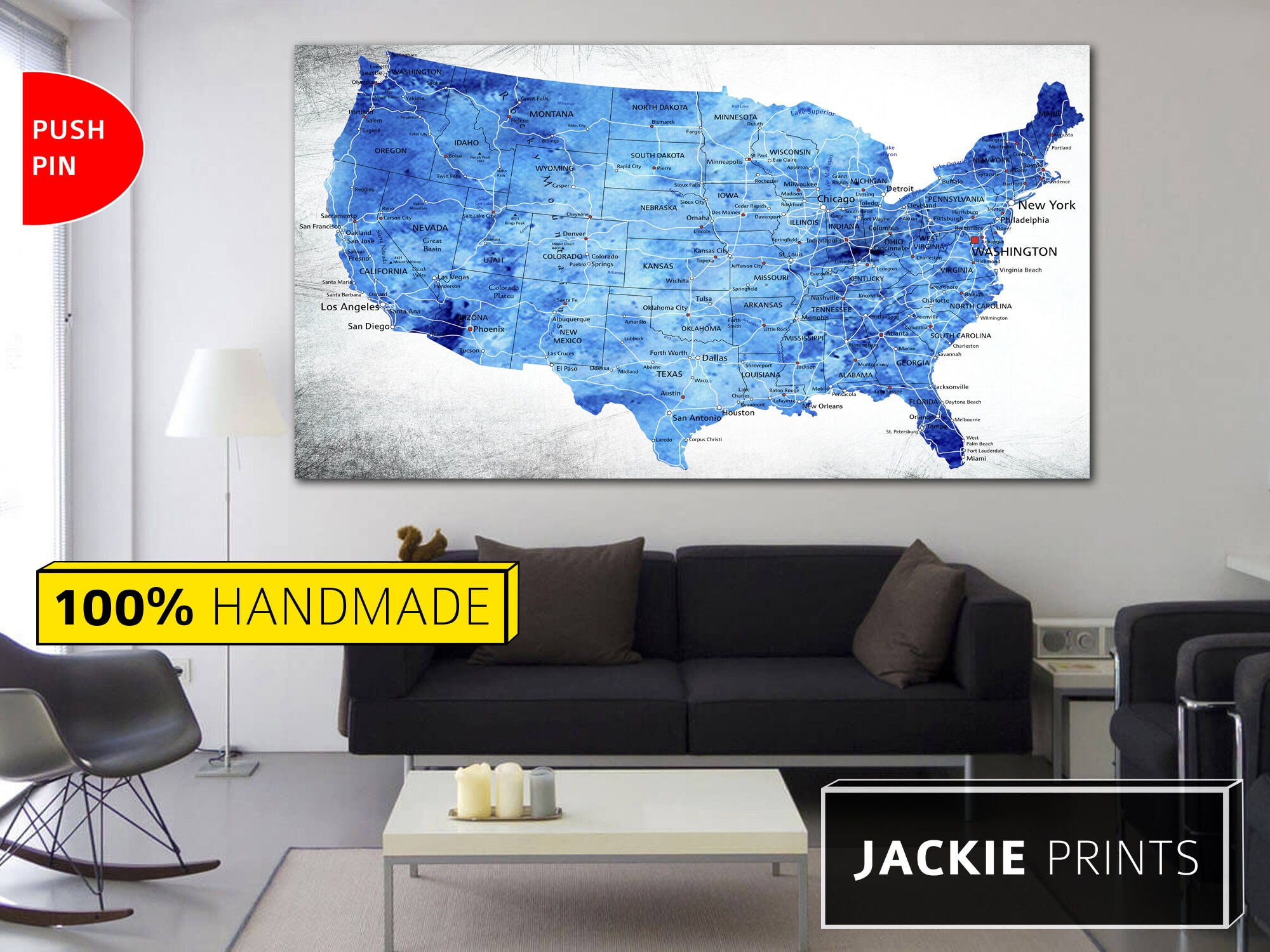 Blue Map Wall US Map United States Map Blue Color Map Map - Etsy