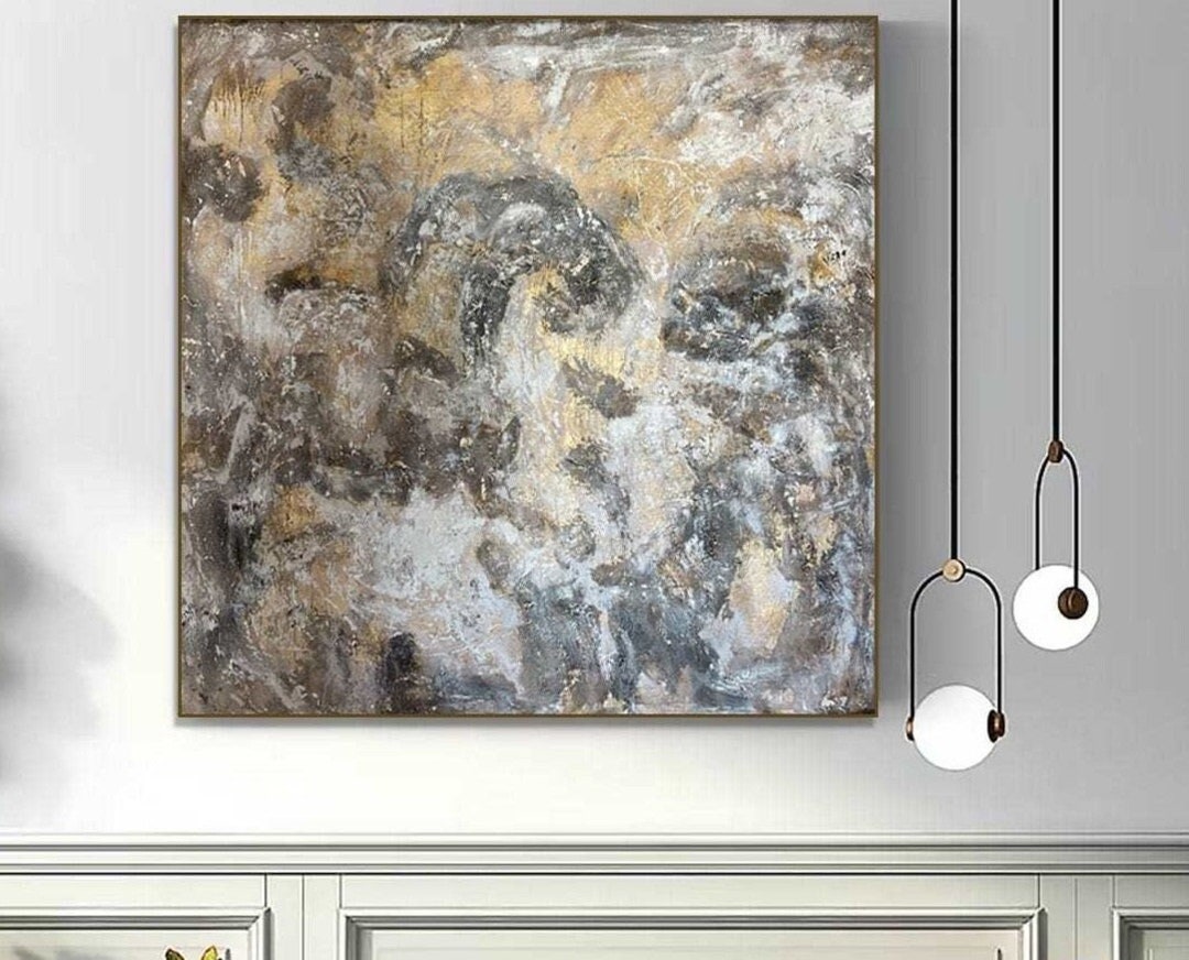 Large Gold Leaf Abstract Painting – Textured Gray and Metallic Neutral ...