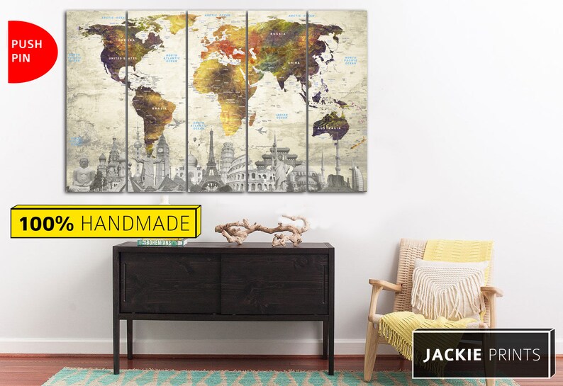 Push Pin World Map Canvas Wall Art Map of the World Multi Etsy