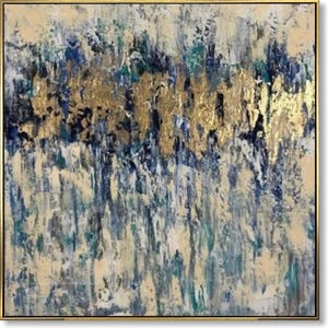 Modern Gold and Blue Abstract Textured Painting on Canvas