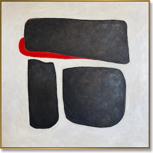 Modern Black and White Geometric Abstract Painting on Canvas Textured Minimalist Art Acrylic Wall Decor with Red Accent for Home 32&quot;x32&quot;