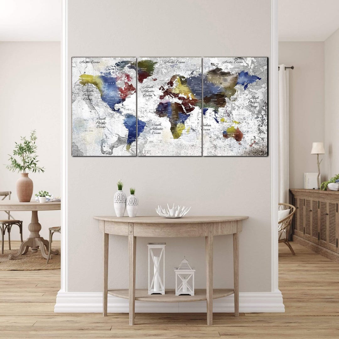 Watercolor World Map Print Colorful Textured Large Travel Multi Panel ...