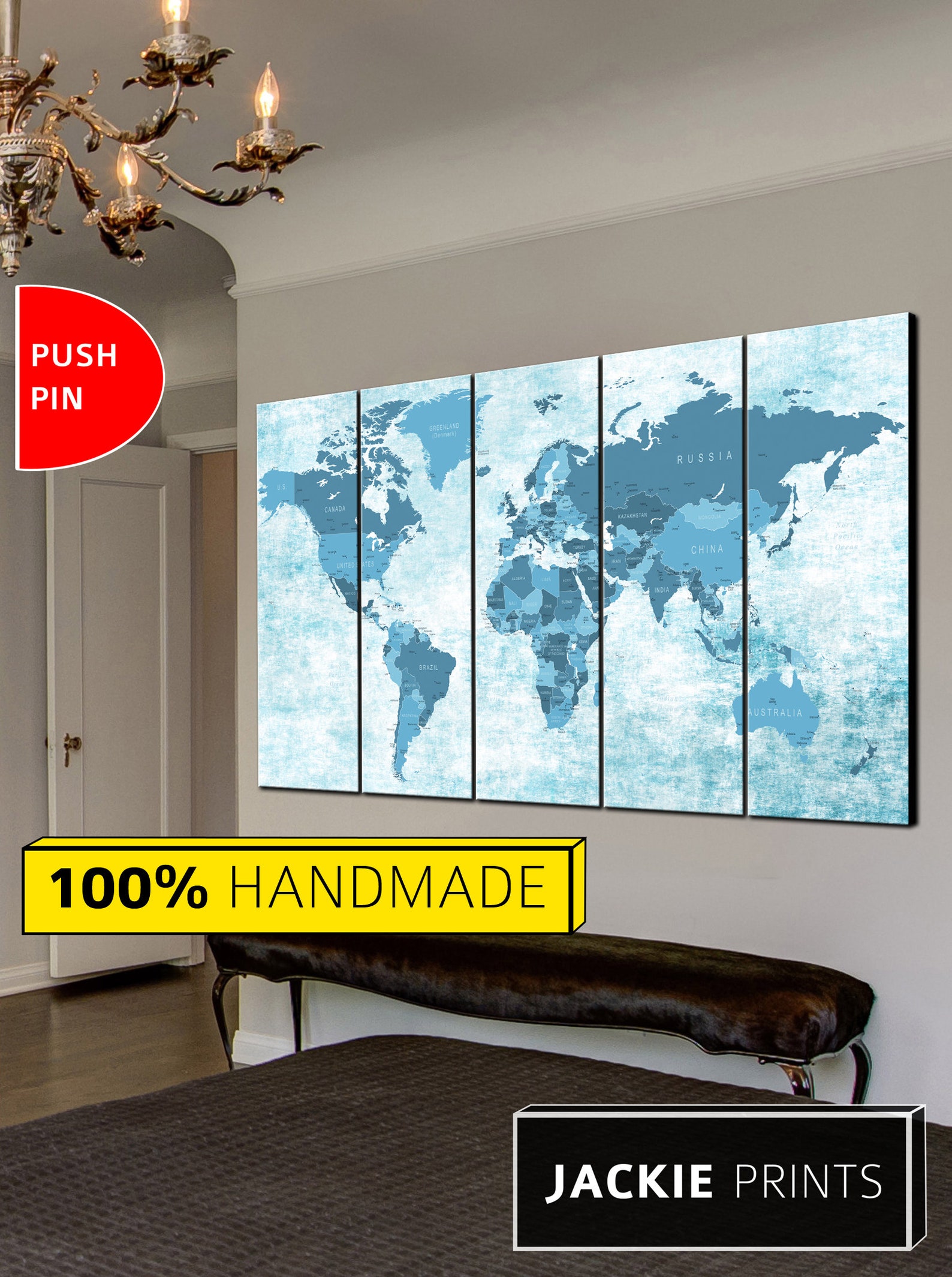 Blue Map Wall World Map Blue World Map Push Pin Canvas Map Etsy