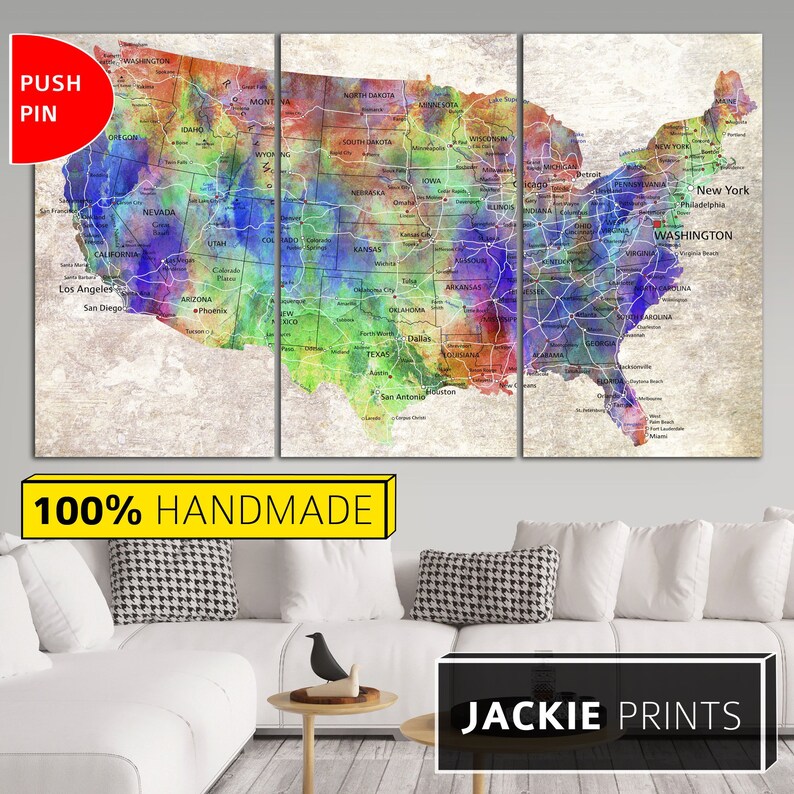 Colorful USA Map Map Canvas Wall US Map United States Map Push Etsy UK