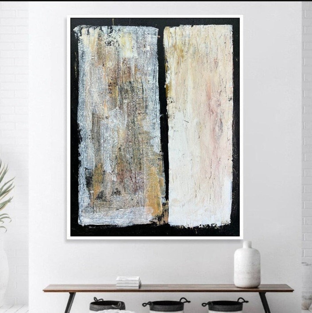 Large Minimalist Beige and Black Painting Abstract Textured Canvas Art ...