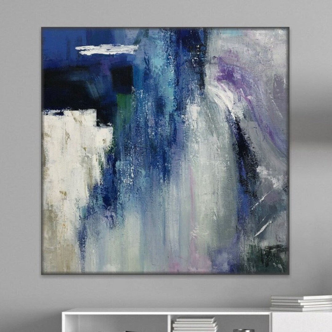 Original Abstract Blue and Grey Painting on Canvas Neutral Oil Art ...