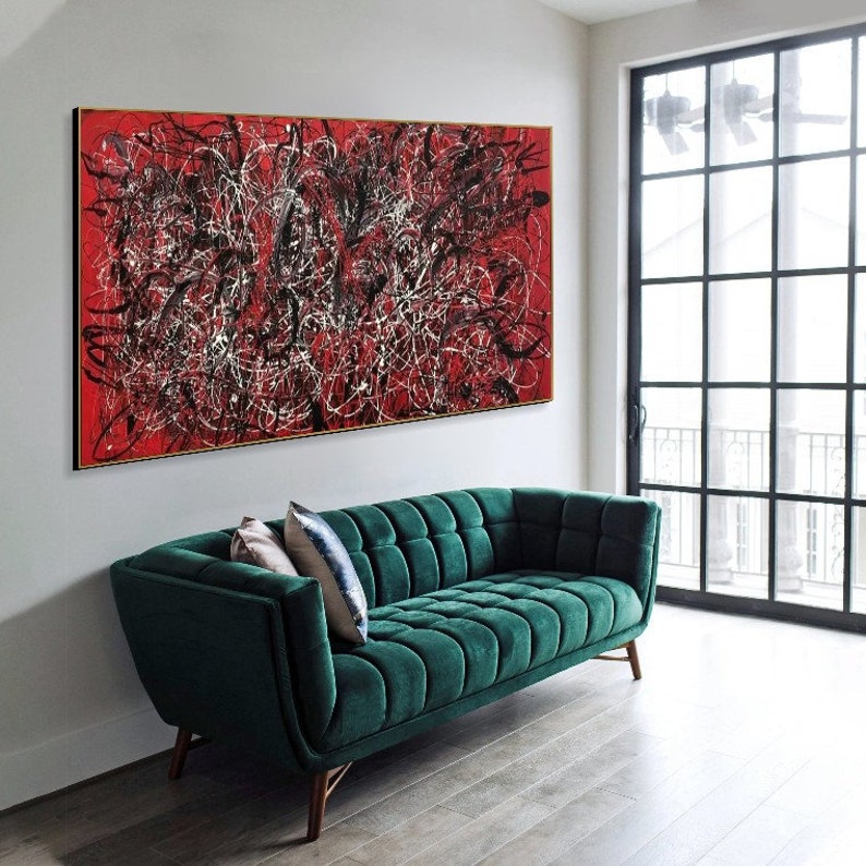 Jackson Pollock Style Abstract Red And Black Paintings On Canvas Minimalist Art Fine Art Painting Creative Painting Artwork 39.4x78.7 image 2