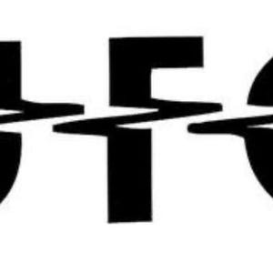 May include: Black and white graphic of the letters "UFO". The letters are thick and bold, with a jagged, lightning bolt-like line cutting through the middle of each letter. The background is plain white.