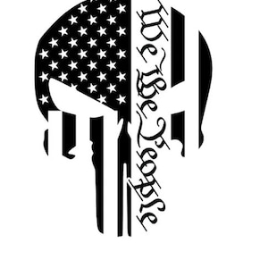 May include: Black and white graphic of a skull with the American flag on the left side and the words "We the People" on the right side.