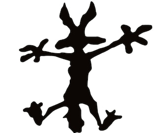 May include: A black silhouette of a coyote with its arms and legs outstretched, as if it is jumping or dancing.