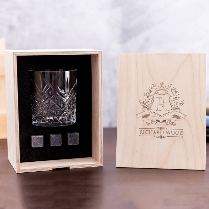 Personalized Whisky Glass Set with Whiskey Stones in Personalized Wood Box. Gifts for Him Christmas Whiskey with Bourbon Glass Best Man Gift 