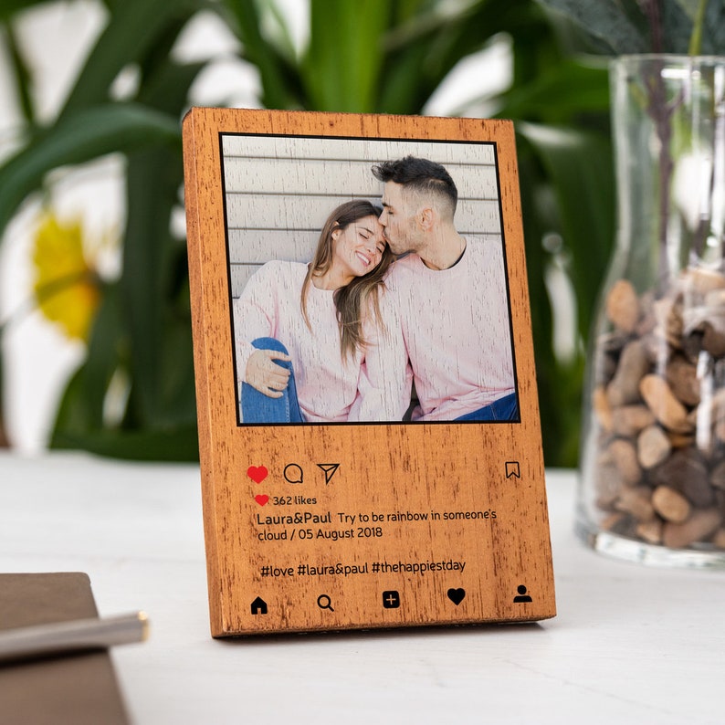 Wood Instagram Frame Gift for Her. Wood Photo Printing on Instagram Template as Memorable Gift. Instagram Style 5th Anniversary Gift for Men 