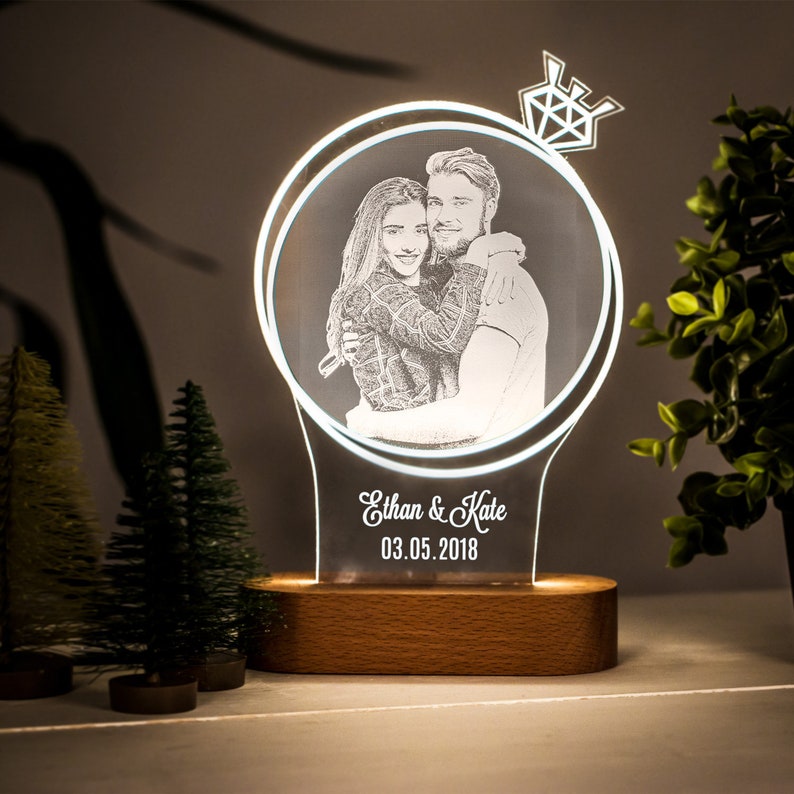 a Handmade custom name, date, photo 3D acrylic night light with wood base is the most romantic gift for wife