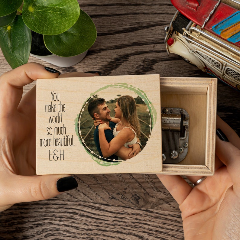 a personalized music box made of 6 mm thick light color wood, print photo, message is the best first valentine gift for him