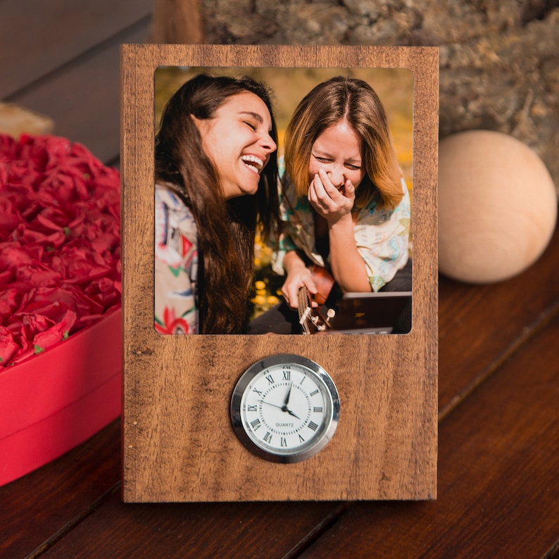 Personalized Besties Gift Picture Frame and Insert Clock on Wood!21st Birthday Gift Idea for Best Friend Female.Wood Desk Clock gift for BFF