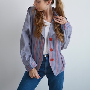 Vintage retro blue blazer, striped cotton blazer for women,  vintage 80s blazer, summer blazer, vintage blazer small, blue jeans jacket