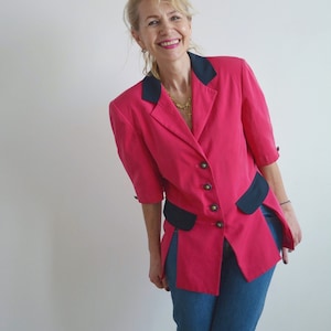 Vintage pink blazer 90s, Spring fitted half sleeve blazer, Buttoned classic blazer, Elegant minimalist blazer, Bright pink light jacket
