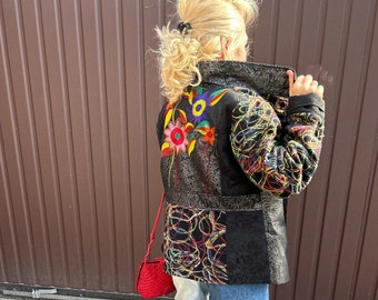 Vintage 101 Idees blazer Embroidered colorful blazer Embellished extravagant coat Colorful wool coat Flower bright blazer coat