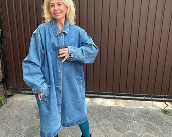 Denim&Co vintage trench Denim blue long coat Oversized loose duster 1990 jeans trench Stylish vintage coat Buttoned light jacket Maxi coat