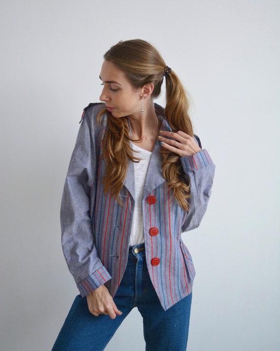 Vintage retro blue blazer, striped cotton blazer f