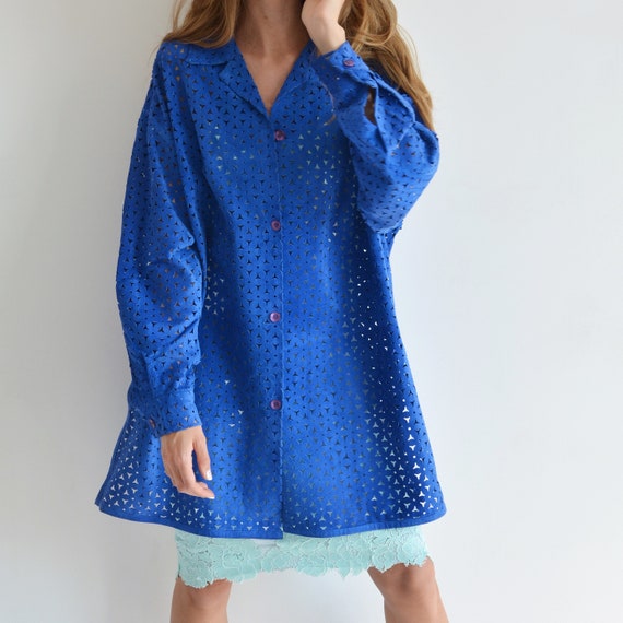 Vintage blue leather shirt, Perforated long shirt… - image 3