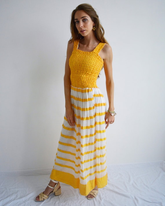 Vintage Handmade Yellow Striped Dress, Long Cotton Dress, Strap Summer Dress,  Sun Holiday Dress, Small Retro Dress, 80s 90s Midi Dress - Etsy