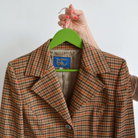 Vintage BYBLOS Brown & Orange Plaid Blazer, Designer 80s 90s Wool 