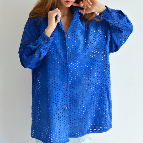 Vintage blue leather shirt, Perforated long shirt… - image 7