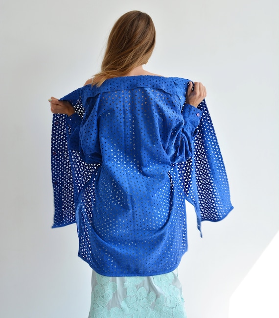 Vintage blue leather shirt, Perforated long shirt,