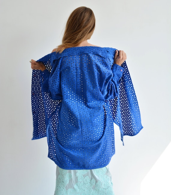 Vintage blue leather shirt, Perforated long shirt… - image 1