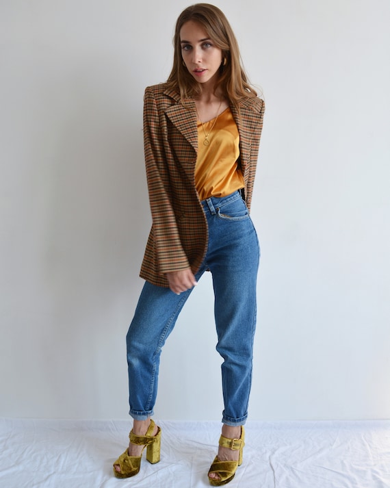 Byblos, Vintage BYBLOS Brown & Orange plaid blazer, Designer 80s 90s wool blazer, Made in Italy checkered blazer, 3 button classic blazer