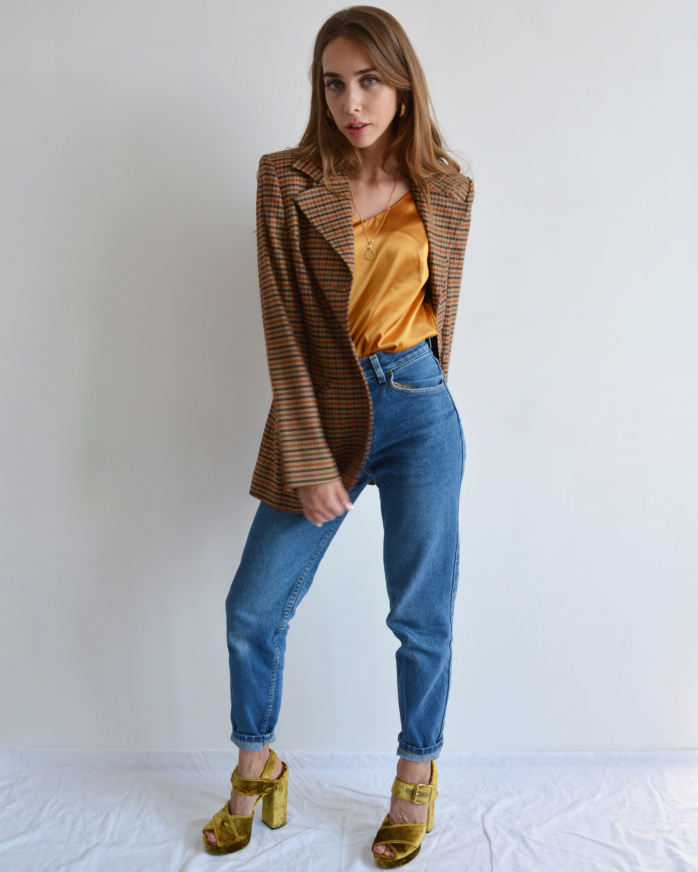Byblos, Vintage BYBLOS Brown & Orange plaid blazer, Designer 80s 90s wool blazer, Made in Italy checkered blazer, 3 button classic blazer