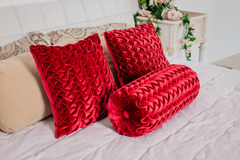Velvet Bolster Pillow Cover Red Throw Pillow Long Lumbar Etsy
