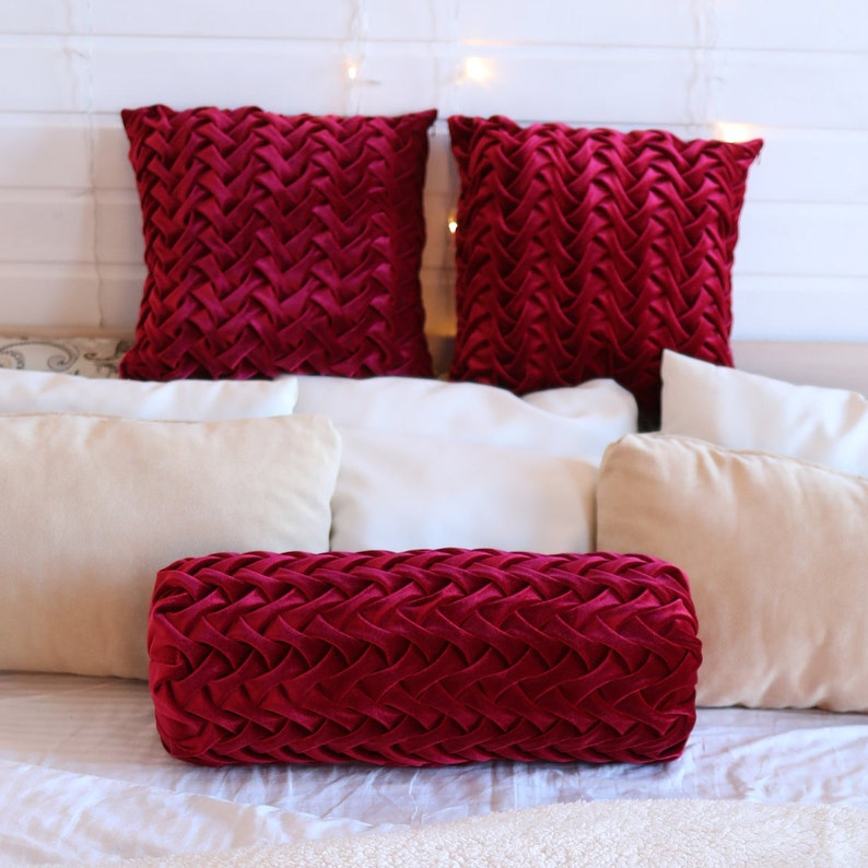 Velvet Bolster Pillow Cover Red Throw Pillow Long Lumbar Etsy