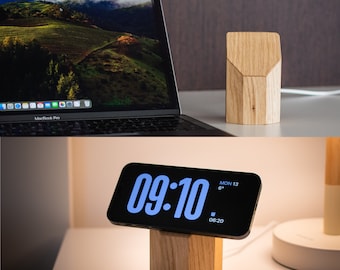 Wooden MagSafe Wireless Charger for Apple iPhone. Fast Qi Induction Station Stand Table 15W magnets Type C cable. All Wooden Oak Design.