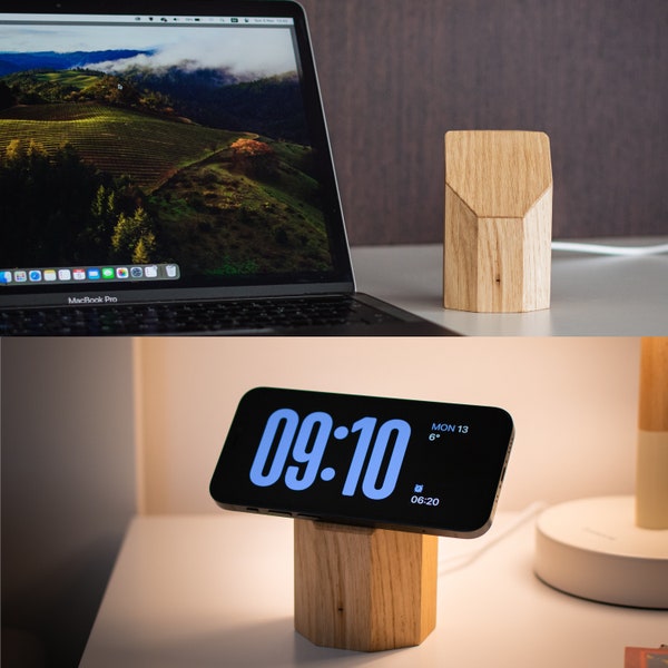 Wooden MagSafe Wireless Charger for Apple iPhone. Fast Qi Induction Station Stand Table 15W magnets Type C cable. All Wooden Oak Design.