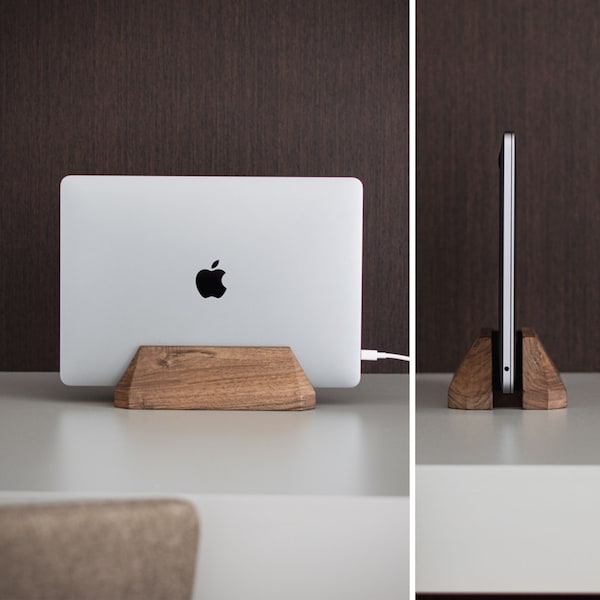 Wooden Laptop Vertical Dock Stand Station for MacBook, Laptop, Tablet or iPad. Adjustable width. Solid Oak Walnut Wood Holder for Desk.