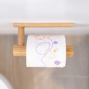 Toilet Paper Roll Wooden Holder Super strong Self-adhesive tape. Minimalist Free Standing Wall Mounted Round Oak wood holder for Bathroom.