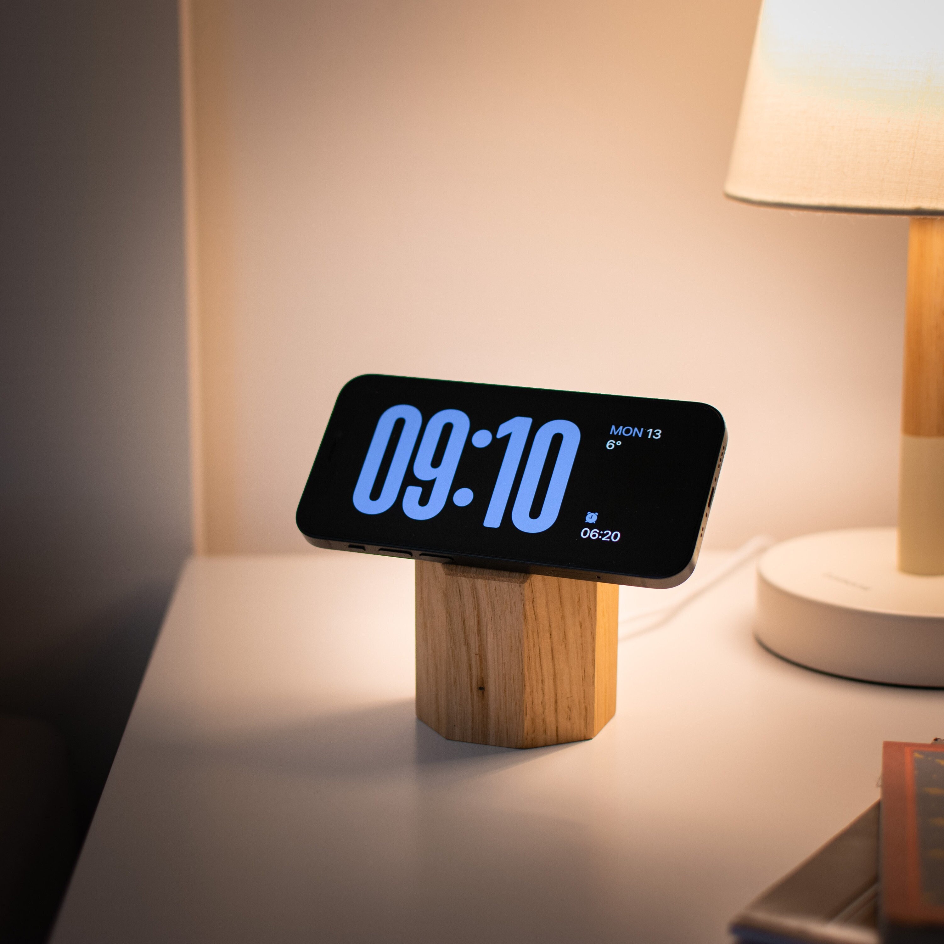 Wooden MagSafe Wireless Charger for Apple iPhone, Android. Fast Qi2 Induction Station Stand  15W magnets Type C cable. All Wooden Oak Design