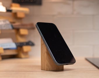 Wooden Magnetic Phone Stand. MagSafe Compatible, Solid Natural Oak. Handmade iPhone, Android Holder Desk Dock.