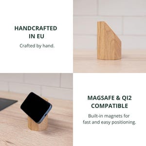 Wooden Magnetic Phone Stand. MagSafe Compatible, Solid Natural Oak. Handmade iPhone, Android Holder Desk Dock. image 6