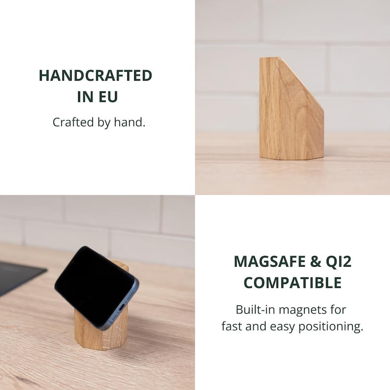 Wooden Magnetic Phone Stand. MagSafe Compatible, Solid Natural Oak. Handmade iPhone, Android Holder Desk Dock. image 6