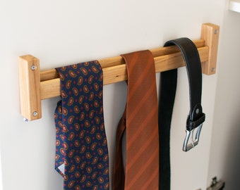 Tie and Belt Hanger for Wardrobe. Door Wall Screws Mounting. Wooden Closet Organizer Space Saver. Modern Oak Wood Holder Easy Installation.
