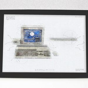 May include: A black and white illustration of a vintage computer with a blue screen. The computer is drawn on a gridded background with technical details and measurements.