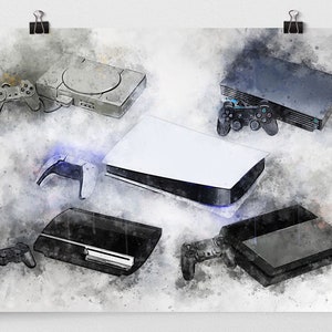 May include: A watercolour illustration of various video game consoles, including the PlayStation 5, PlayStation 4, PlayStation 3, and PlayStation 2. The consoles are depicted against a white and grey background with splashes of colour.