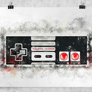 May include: A watercolour painting of a classic NES controller with red buttons and the words "SELECT START" printed on it.