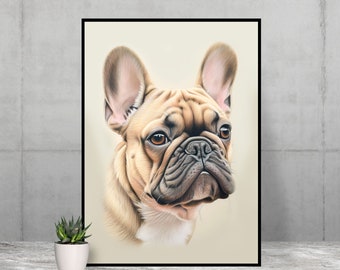 May include: A close-up portrait of a French Bulldog with brown eyes and a fawn-coloured coat. The dog is looking directly at the viewer with a serious expression.